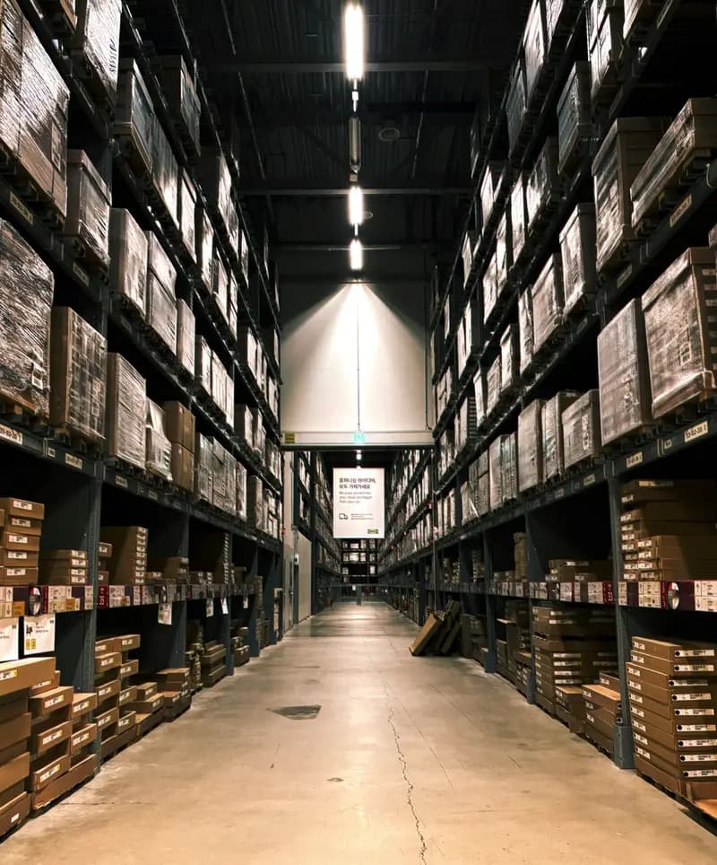 Warehouse shelves stacked with boxes